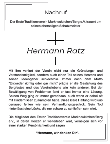 Nachruf Schatzmeister Hermann Ratz